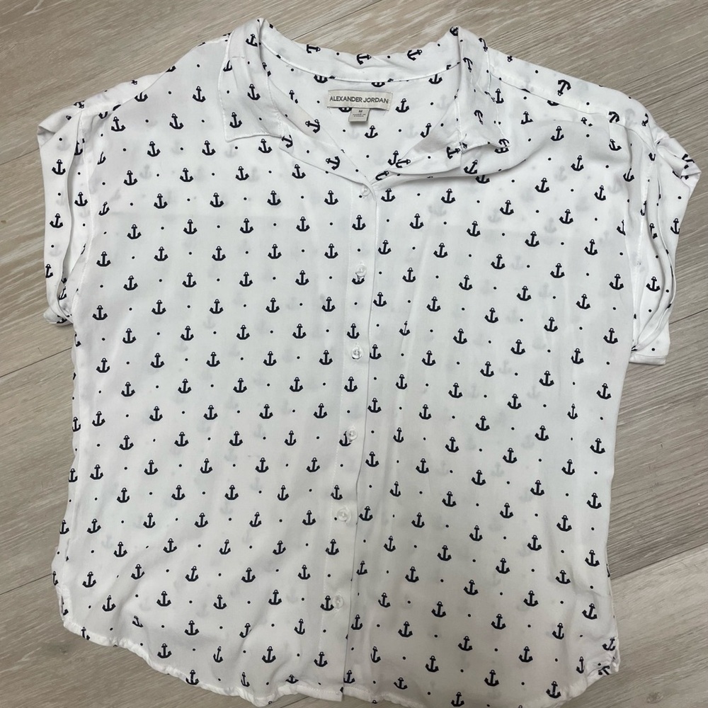 White Boxy Button Down Shirt with Anchor Print